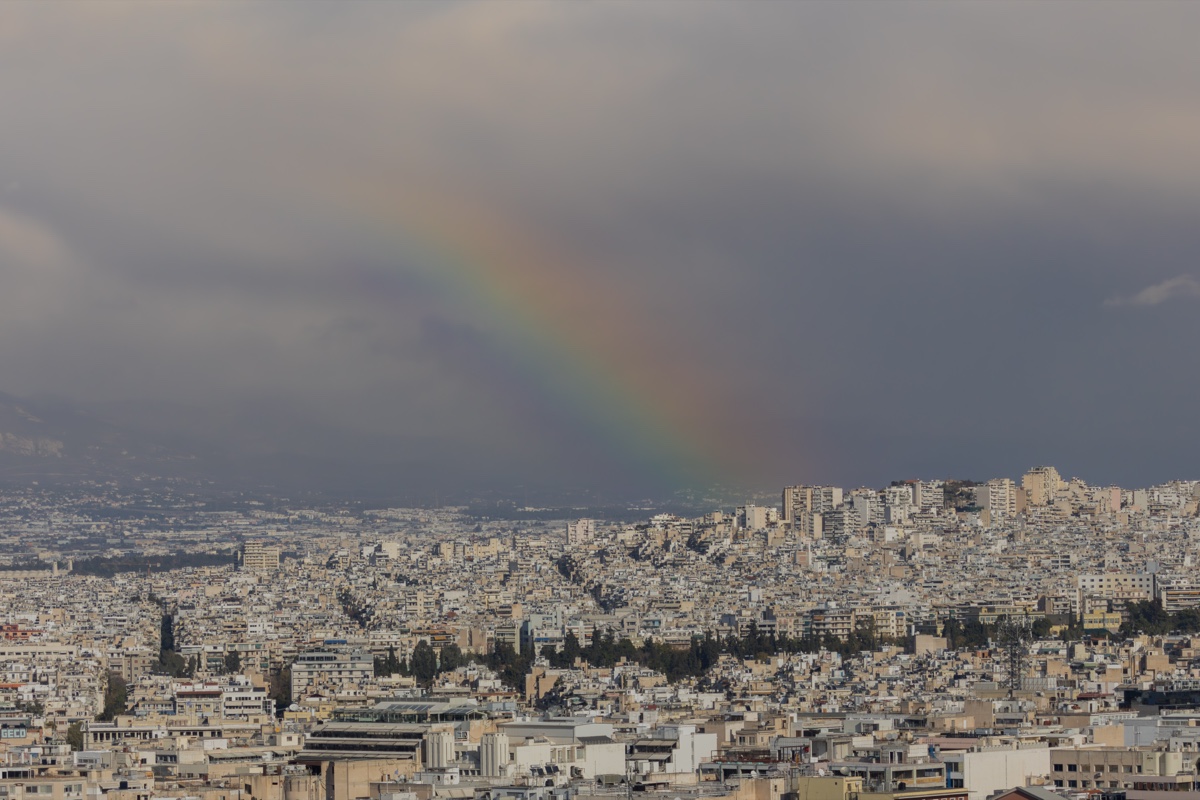 Athens Cityscape Rainbow Cloudy Sky