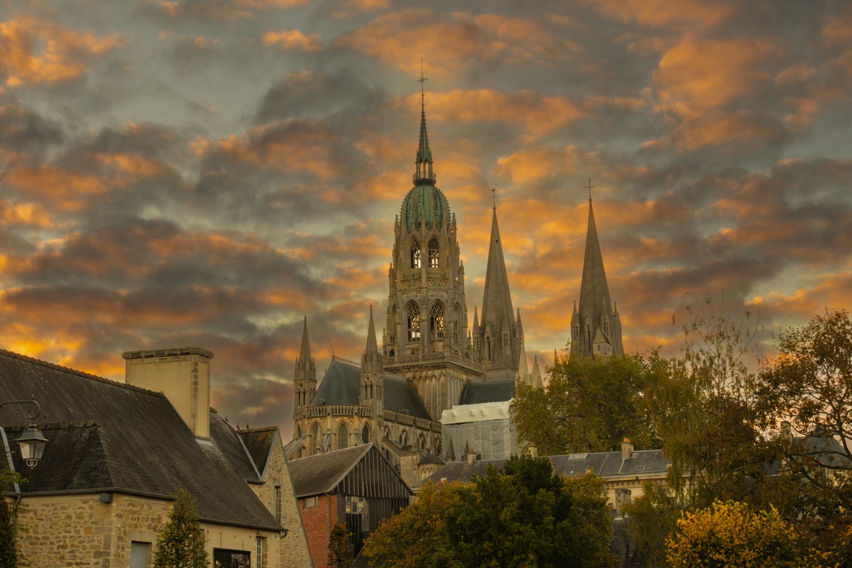 Bayeux Cathedral Spires Golden Sky