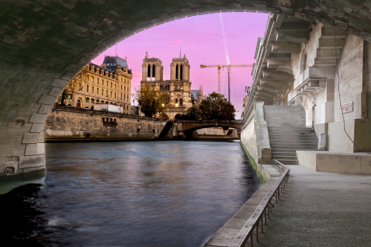 Notre Dame Seine Bridge Arch Pink Sky