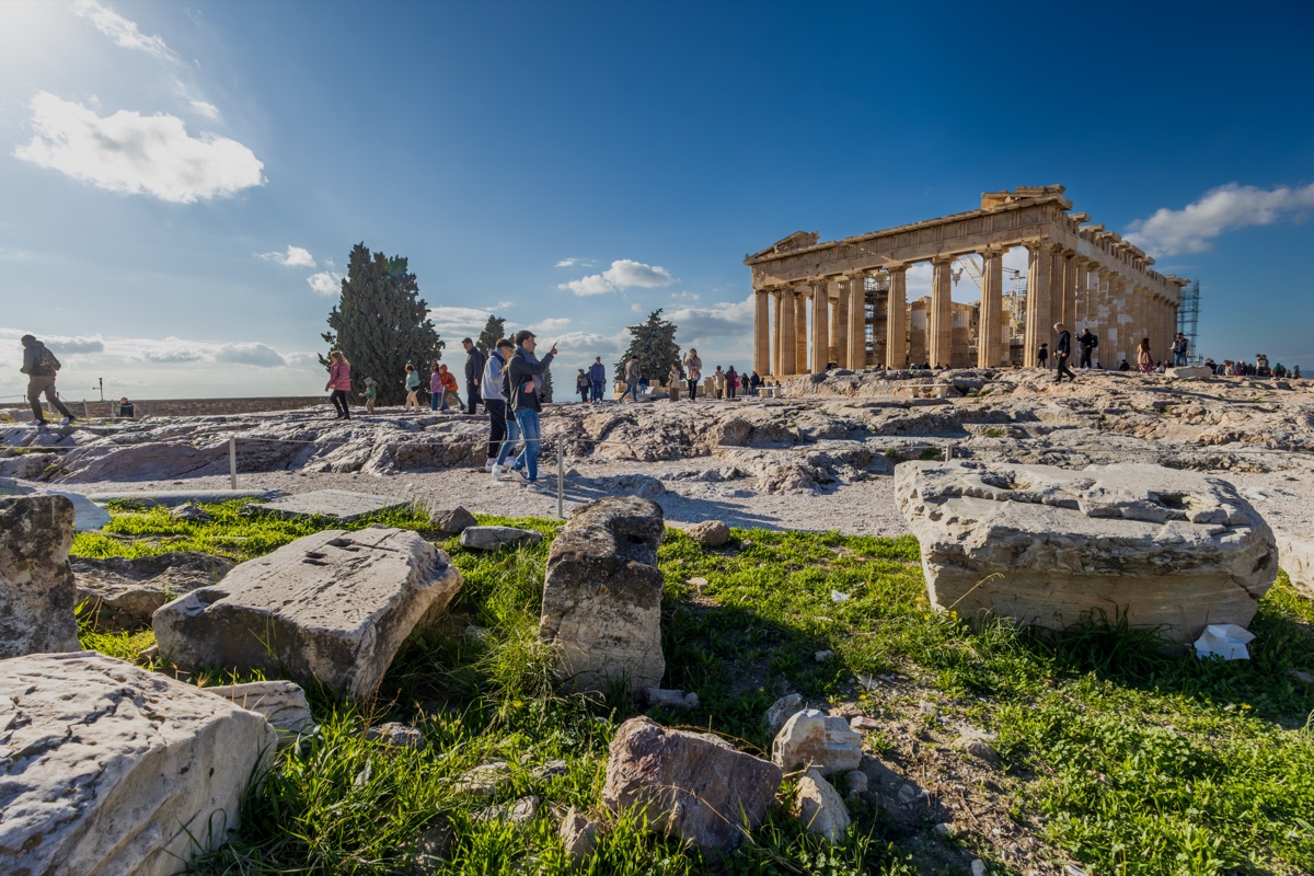 Parthenon Acropolis Ruins Tourists Athens