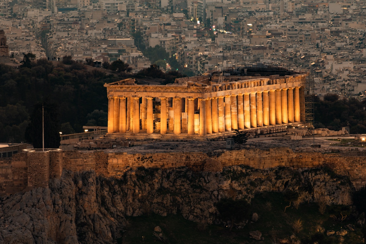 Parthenon Illuminated Acropolis Athens Dusk