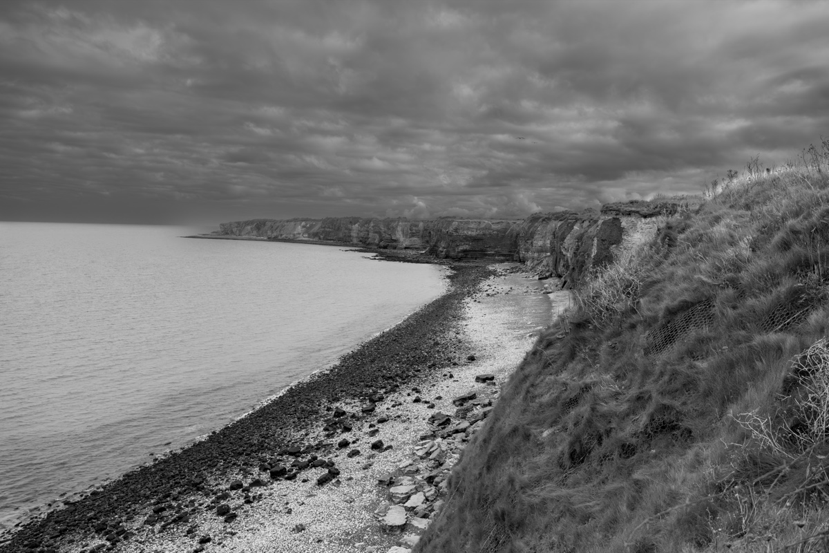 Pointe Du Hoc Cliffs Rocky Shore Bw